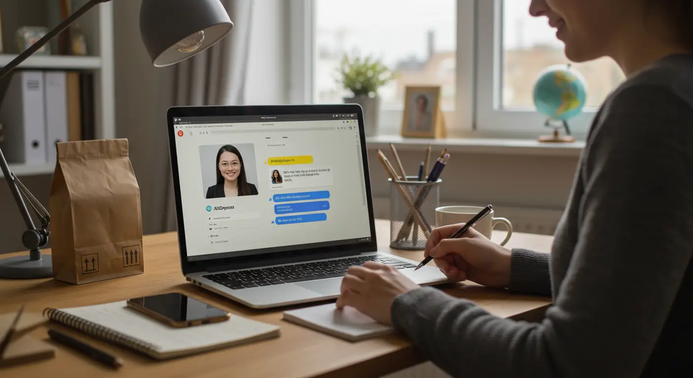 A person types a message on a laptop while browsing the AliExpress website, preparing to communicate with a seller about a product.