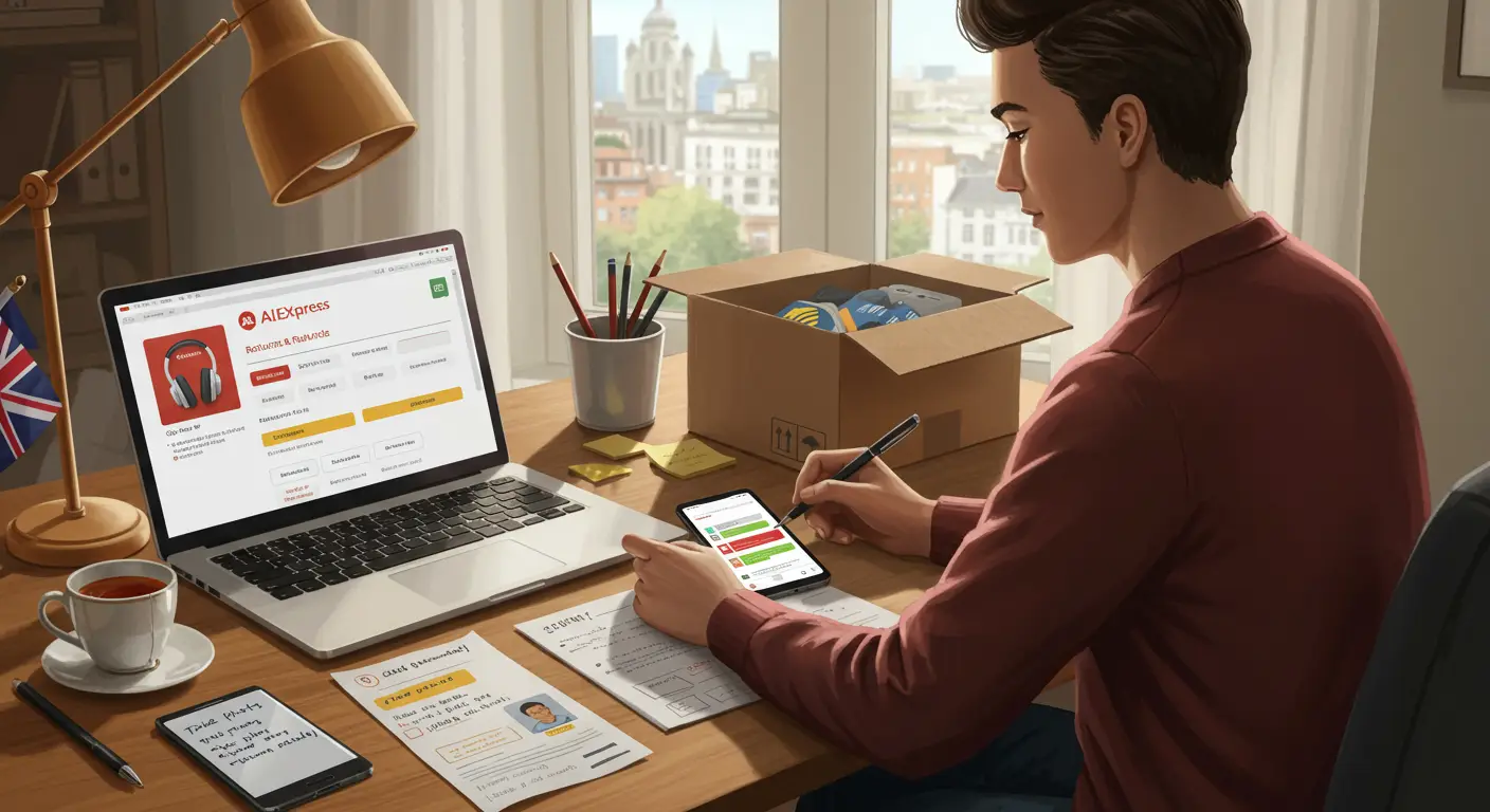 A person typing on a laptop with the AliExpress website open, alongside a notepad and pen, symbolising tips for resolving disputes with AliExpress sellers.