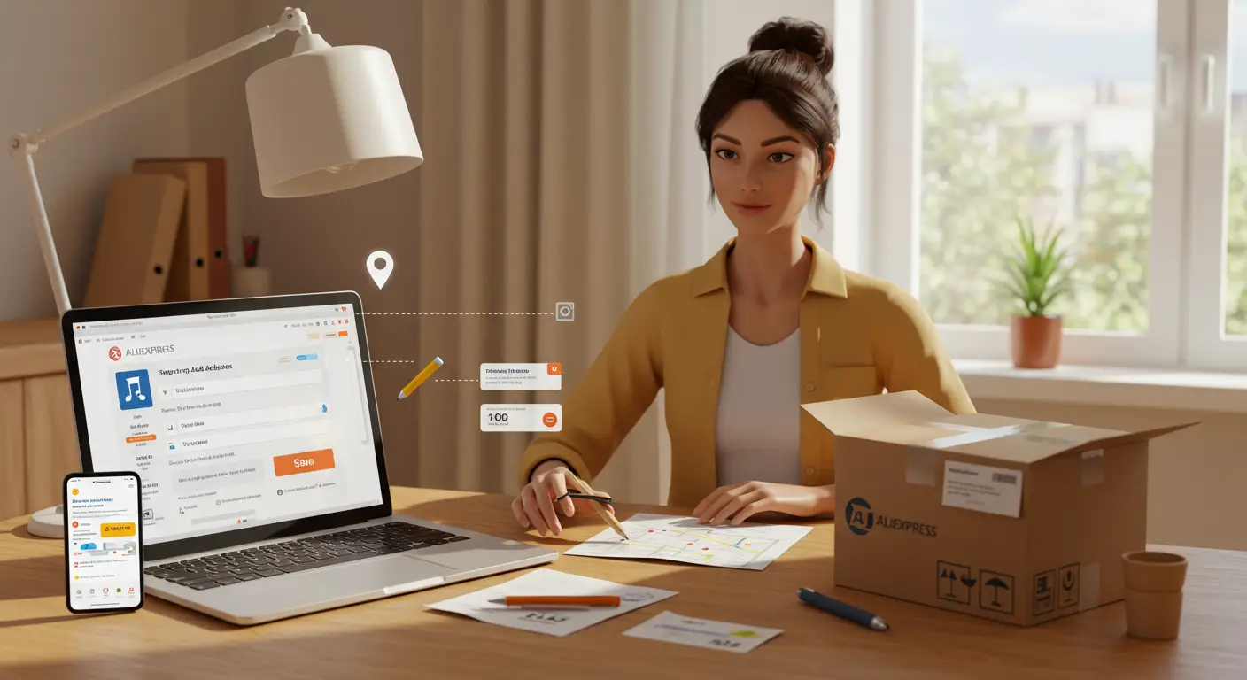 A person updates their shipping address details on the AliExpress website using a laptop, with address fields visible on the screen.