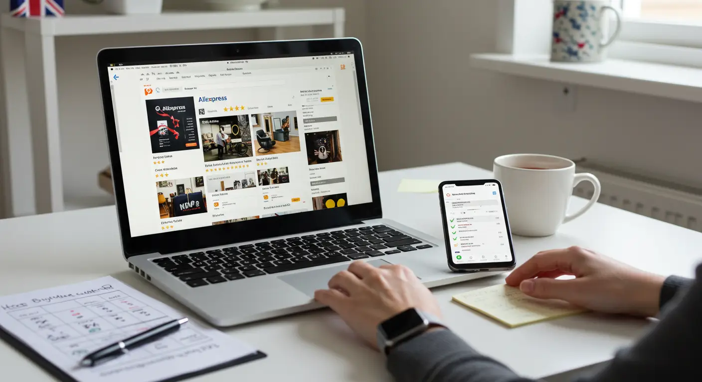 A person using a laptop displaying several product listings on the AliExpress website, carefully comparing features and prices side by side.