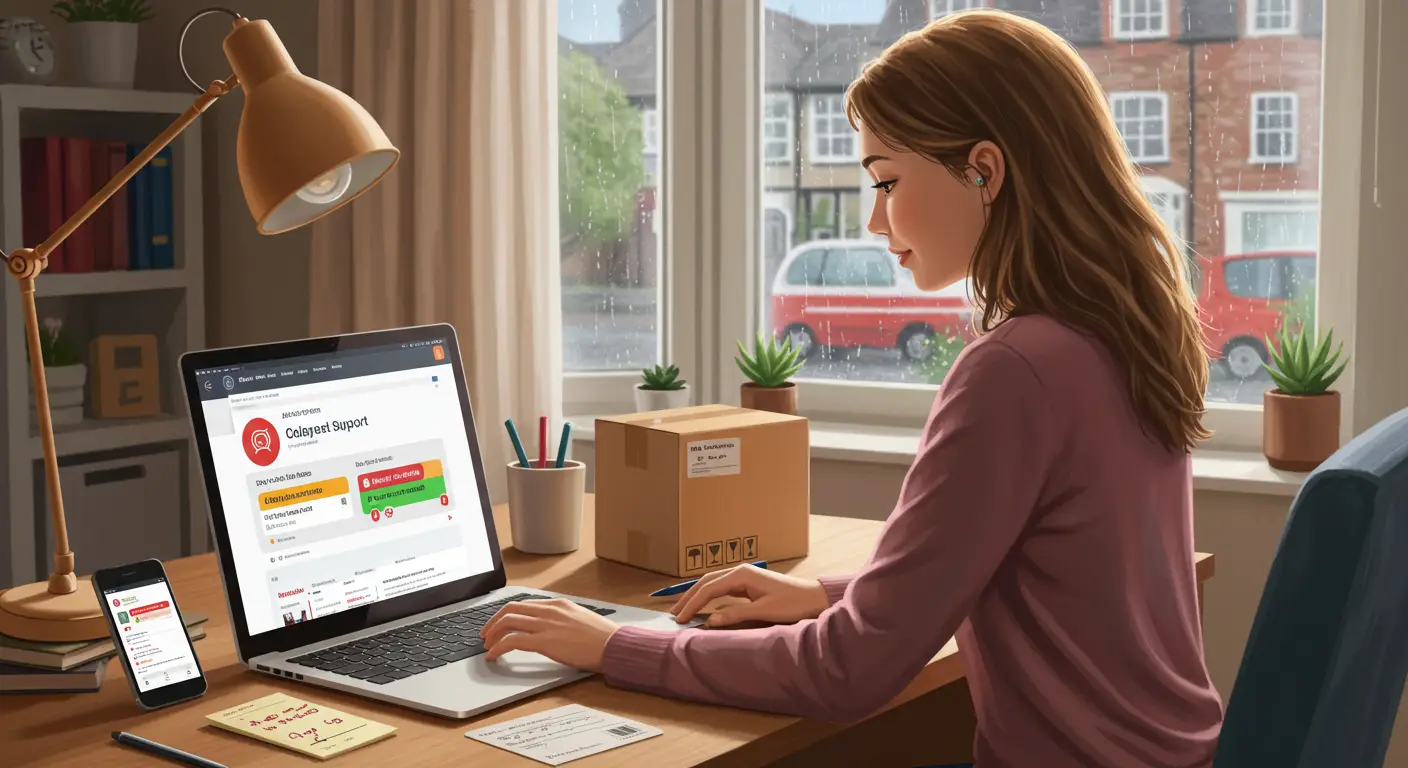 A person using a laptop shows the AliExpress website on screen, with a pop-up chat window open for customer support about a delayed order.