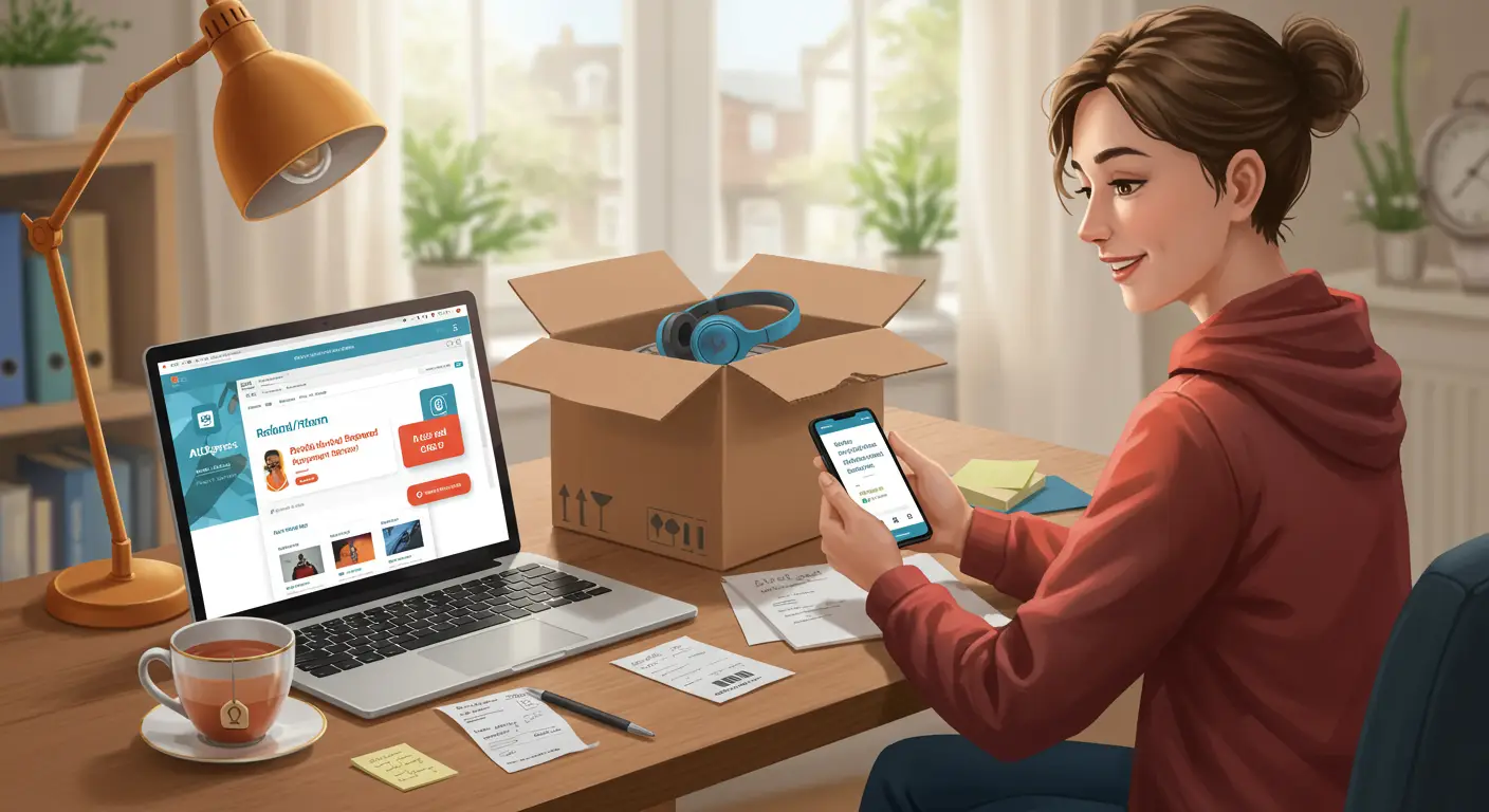 A person using a laptop to browse Aliexpress, with a pop-up message on the screen showing a partial refund notification for an order.