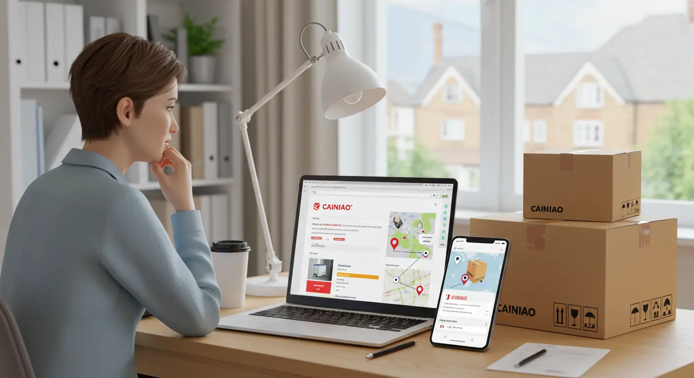 A person using a laptop to browse an online shopping website, with a package labelled