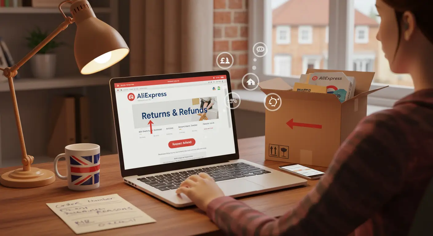 A person using a laptop to browse the AliExpress website, with a highlighted