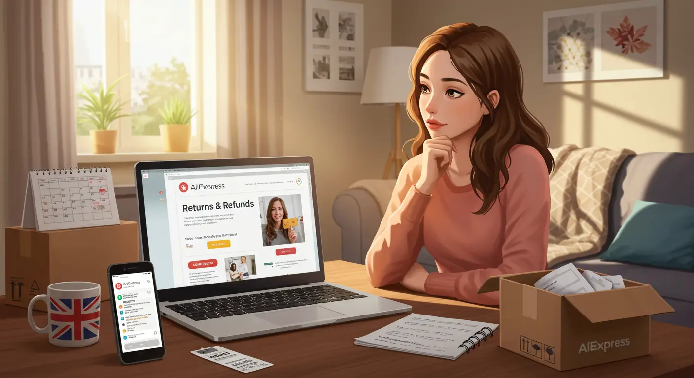 A person using a laptop to browse the AliExpress website, with a visible refund status notification on the screen, and a UK flag icon in the corner.