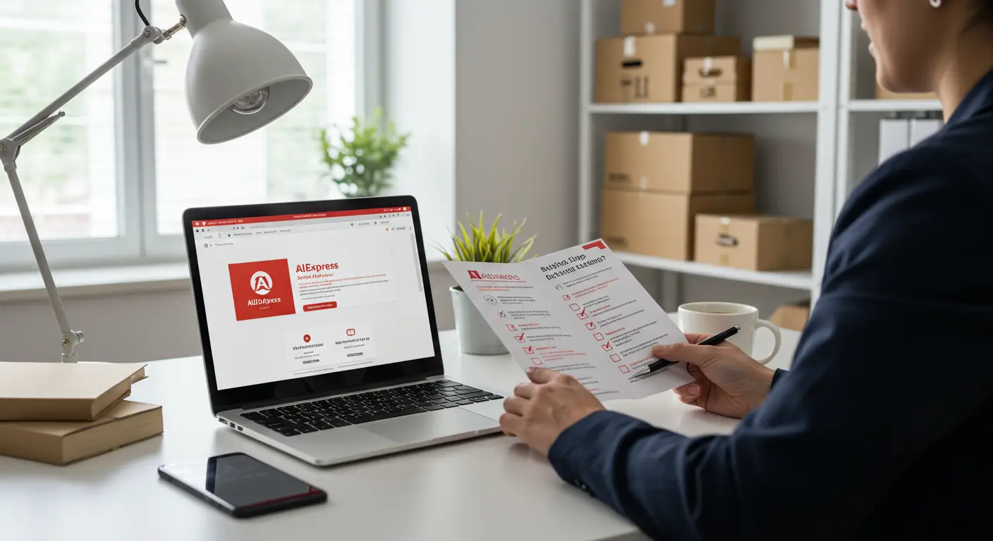 A person using a laptop to browse the AliExpress website, with business account options highlighted on the screen.