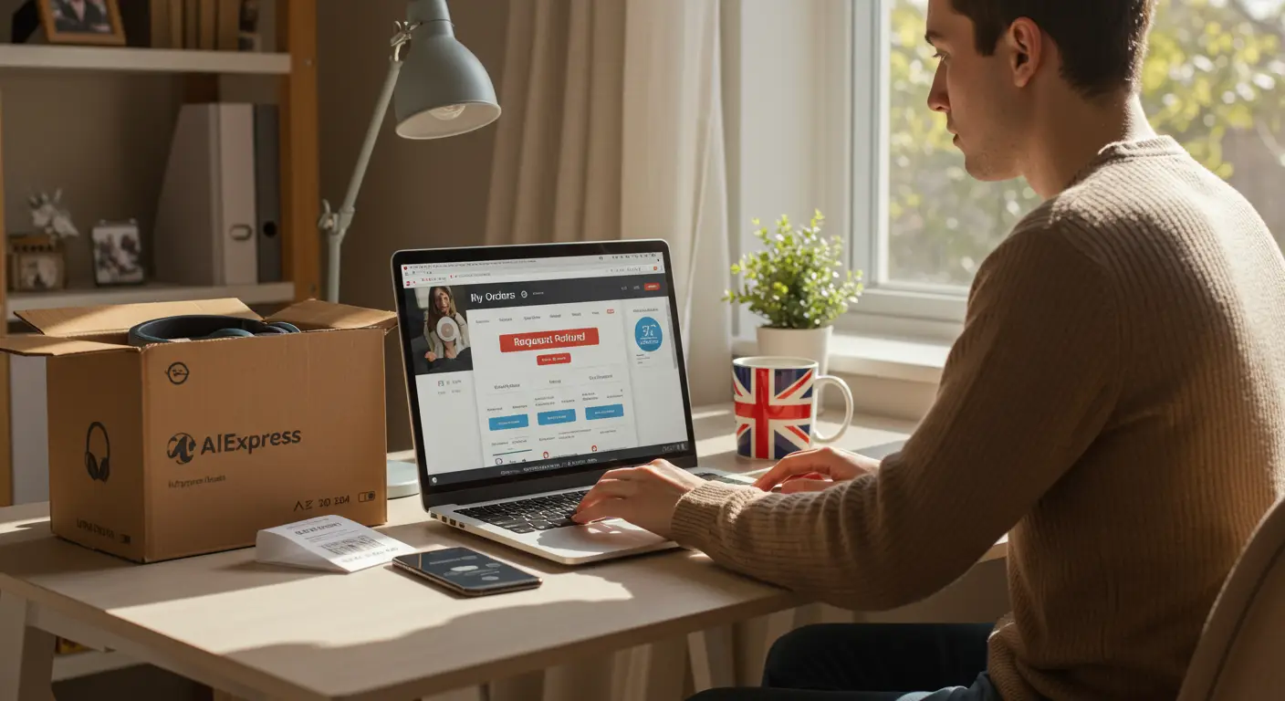 A person using a laptop to browse the AliExpress website, with the 'Request Refund' option highlighted on the screen.