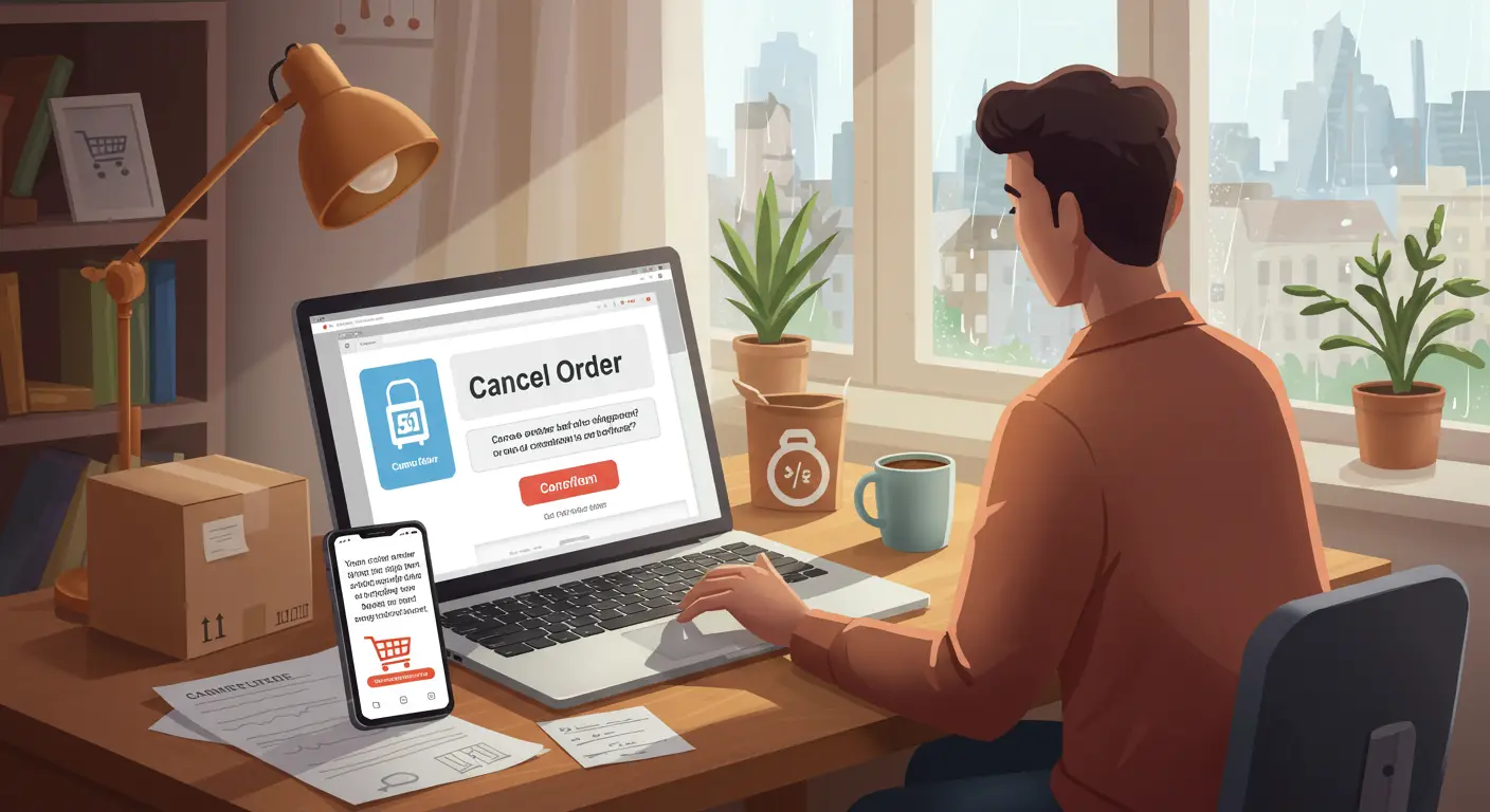 A person using a laptop to cancel an online order, with a