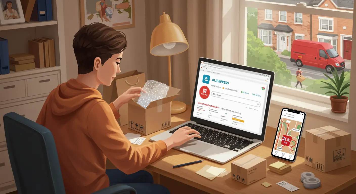 A person using a laptop to check the delivery status of an AliExpress package, with a map of the UK and tracking details displayed on the screen.