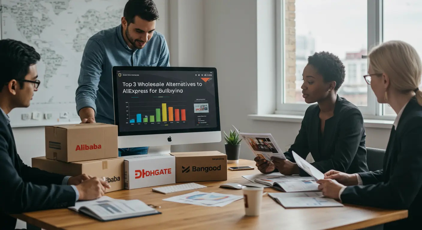 A person using a laptop to compare wholesale websites, with boxes and shopping bags in the background, illustrating alternatives to AliExpress for bulk buying.