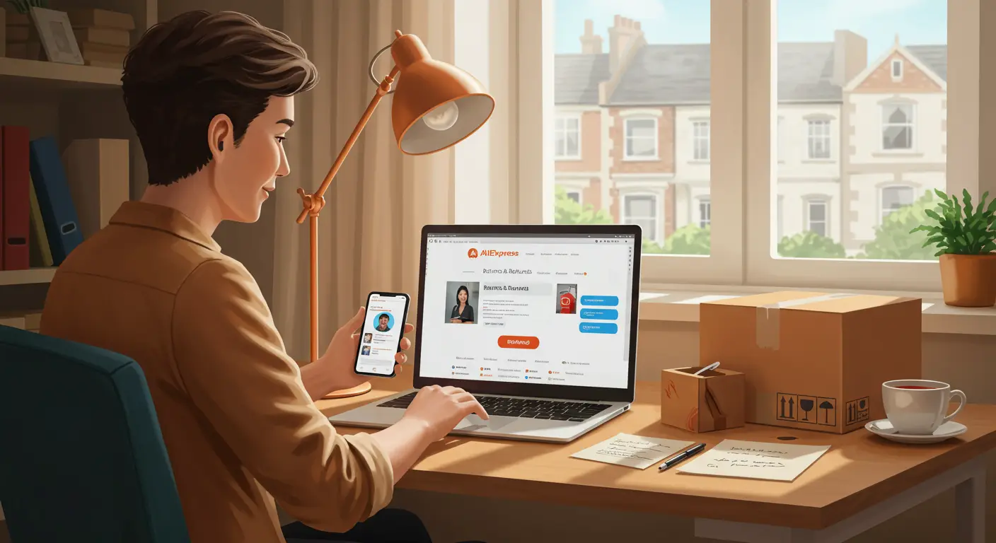 A person using a laptop to contact AliExpress support online, with the website open and a “Refund” button highlighted on the screen.