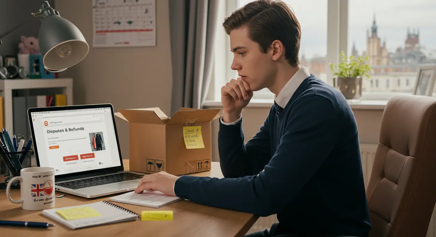 A person using a laptop to contact AliExpress support, with a UK flag visible on the desk and the AliExpress website open on the screen.