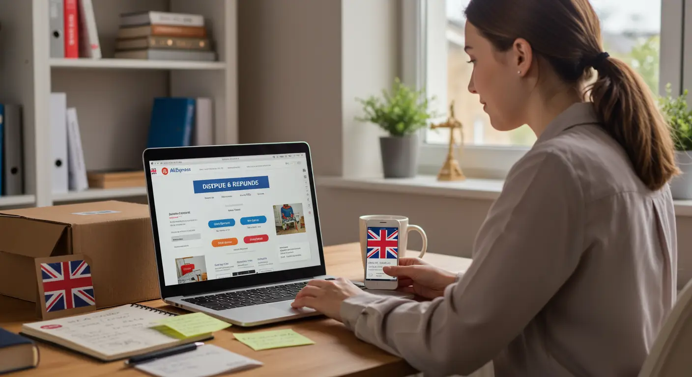A person using a laptop to contact AliExpress support, with the AliExpress website displayed on the screen and a British flag icon indicating UK location.