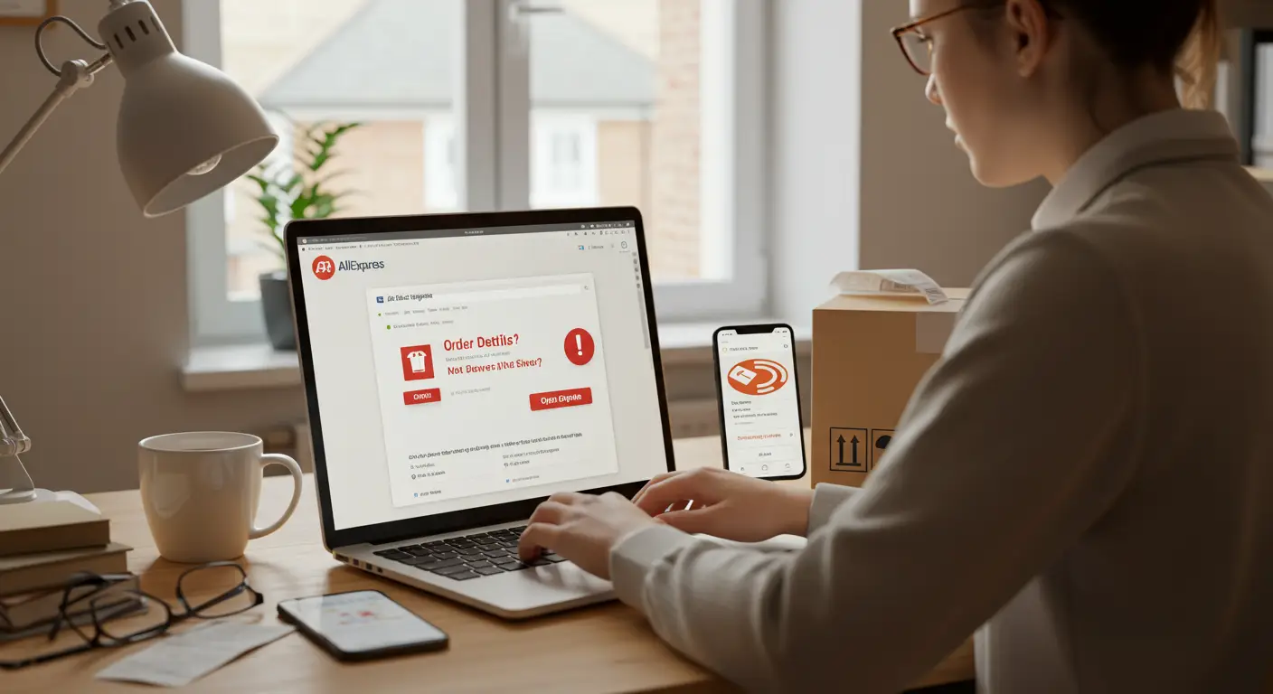 A person using a laptop to navigate the AliExpress website, with a visible
