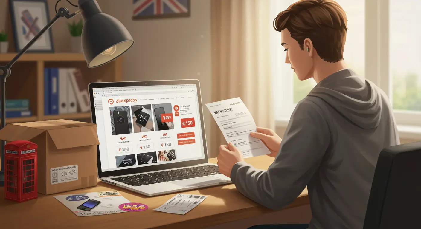 A screenshot of Aliexpress’s website showing various affordable products under €150, with a UK flag icon and a VAT information banner displayed at the top.