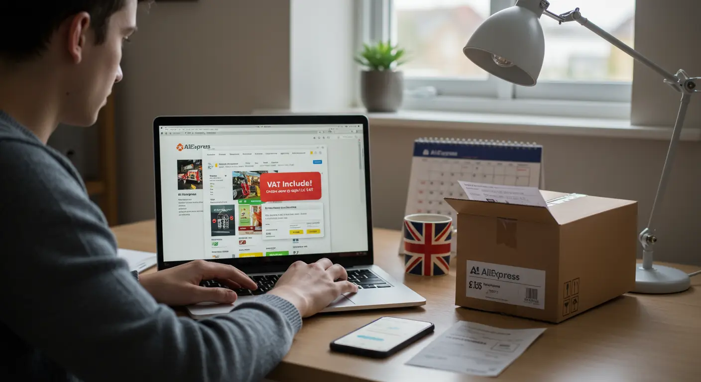 A screenshot of the AliExpress checkout page showing VAT charges for a purchase being delivered to the UK, highlighting the VAT amount displayed before payment.