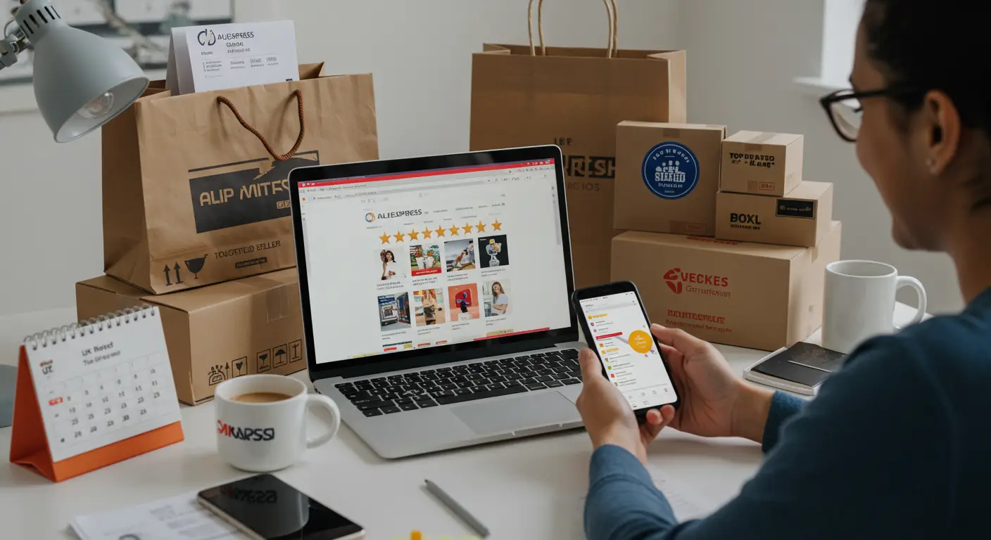 A screenshot of the AliExpress homepage displaying various product categories, with a banner highlighting trusted stores that offer shipping to the UK.