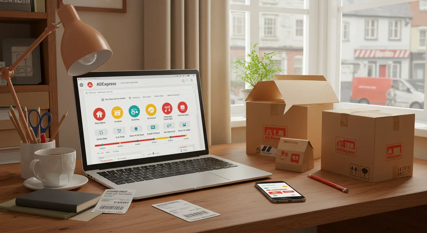 A screenshot of the AliExpress order tracking page displaying various tracking statuses and their descriptions in English (UK), helping users understand the meaning of each status.