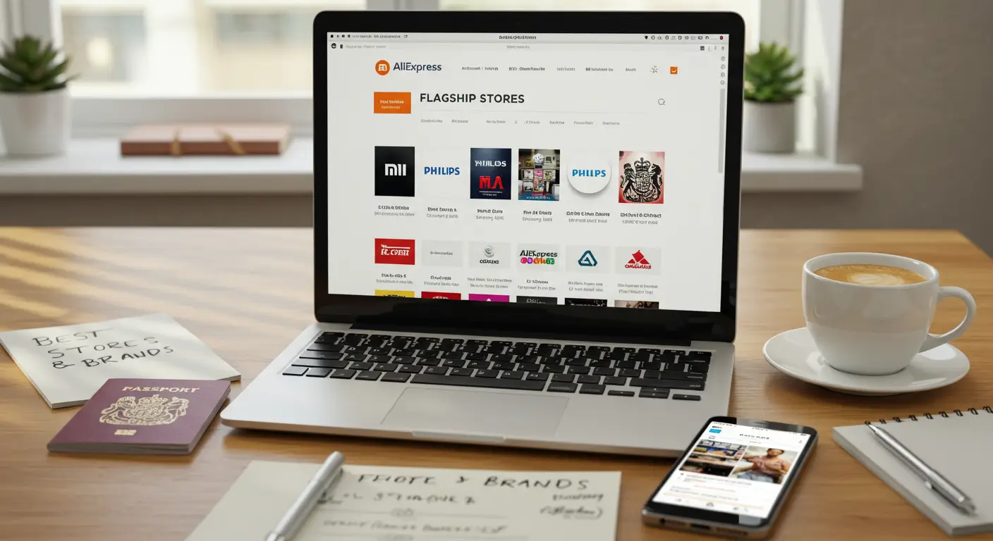 A screenshot of the AliExpress website displaying a search for official flagship stores by brand, with the interface set to English (UK).