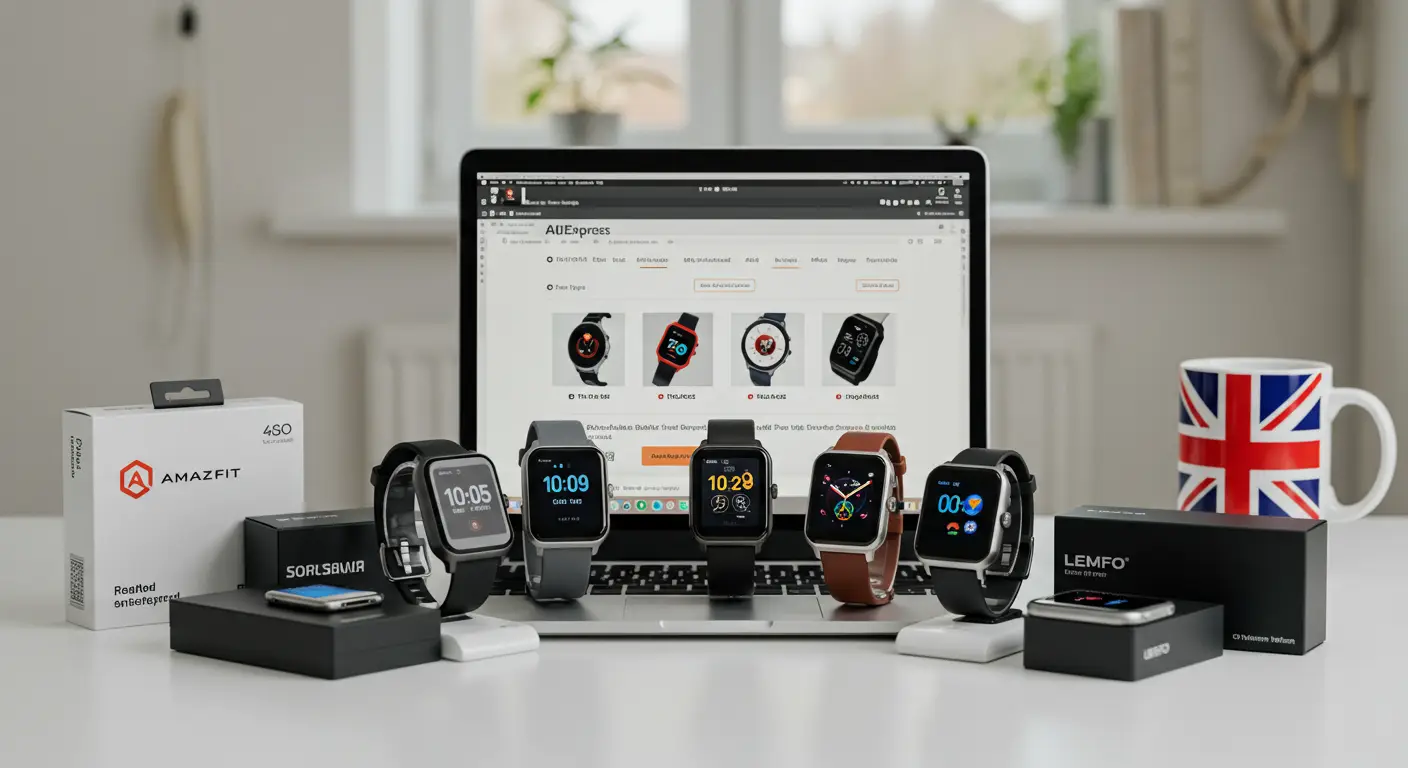 A selection of affordable smartwatches displayed on a laptop, showcasing popular AliExpress watch seller pages for online shopping in the UK.