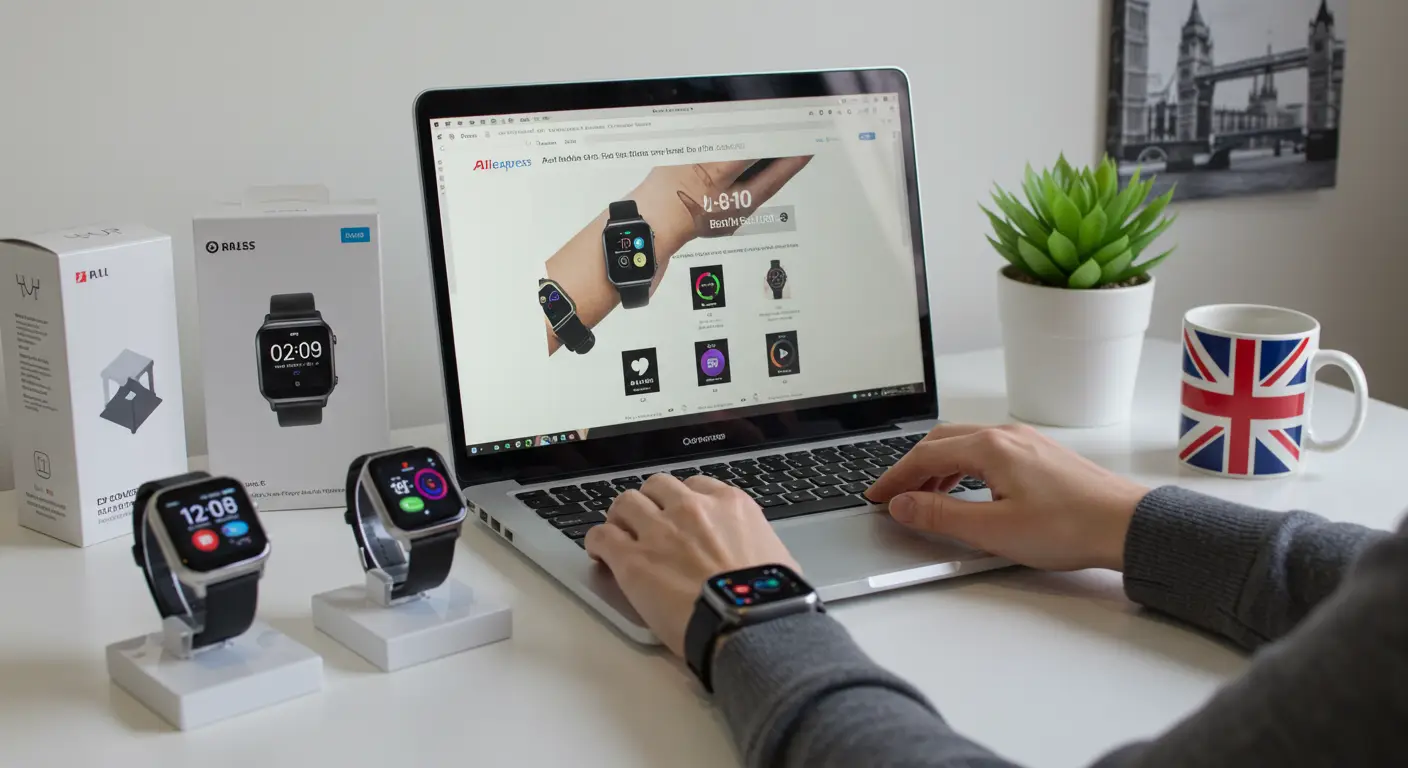 A selection of affordable smartwatches displayed on a laptop, with the AliExpress website open, highlighting top watch sellers for online shopping.