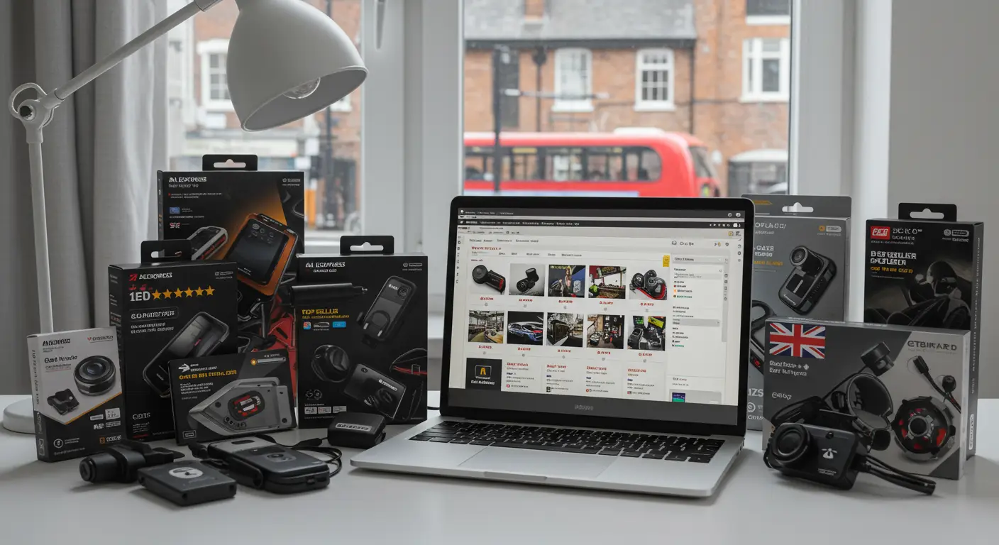 A selection of car accessories such as phone holders, seat covers, and cleaning tools displayed with a laptop showing the AliExpress website, highlighting shopping for car accessories online in the UK.