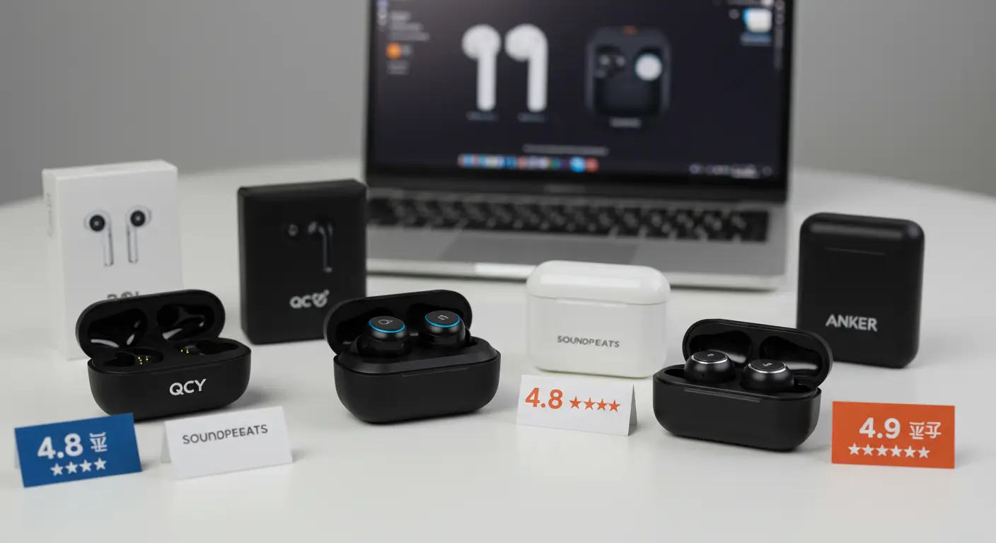 A selection of highly rated wireless earbuds displayed on a laptop screen, showcasing top choices for online shoppers browsing Aliexpress.