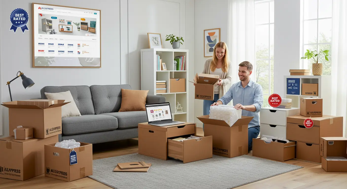 A selection of stylish furniture and storage items from top-rated AliExpress sellers, securely packaged in sturdy boxes, displayed in a modern living room setting.