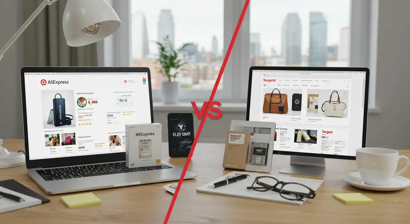 A side-by-side comparison image showing AliExpress and Target websites open on laptops, with shopping carts and product images displayed, highlighting differences in online shopping experiences.