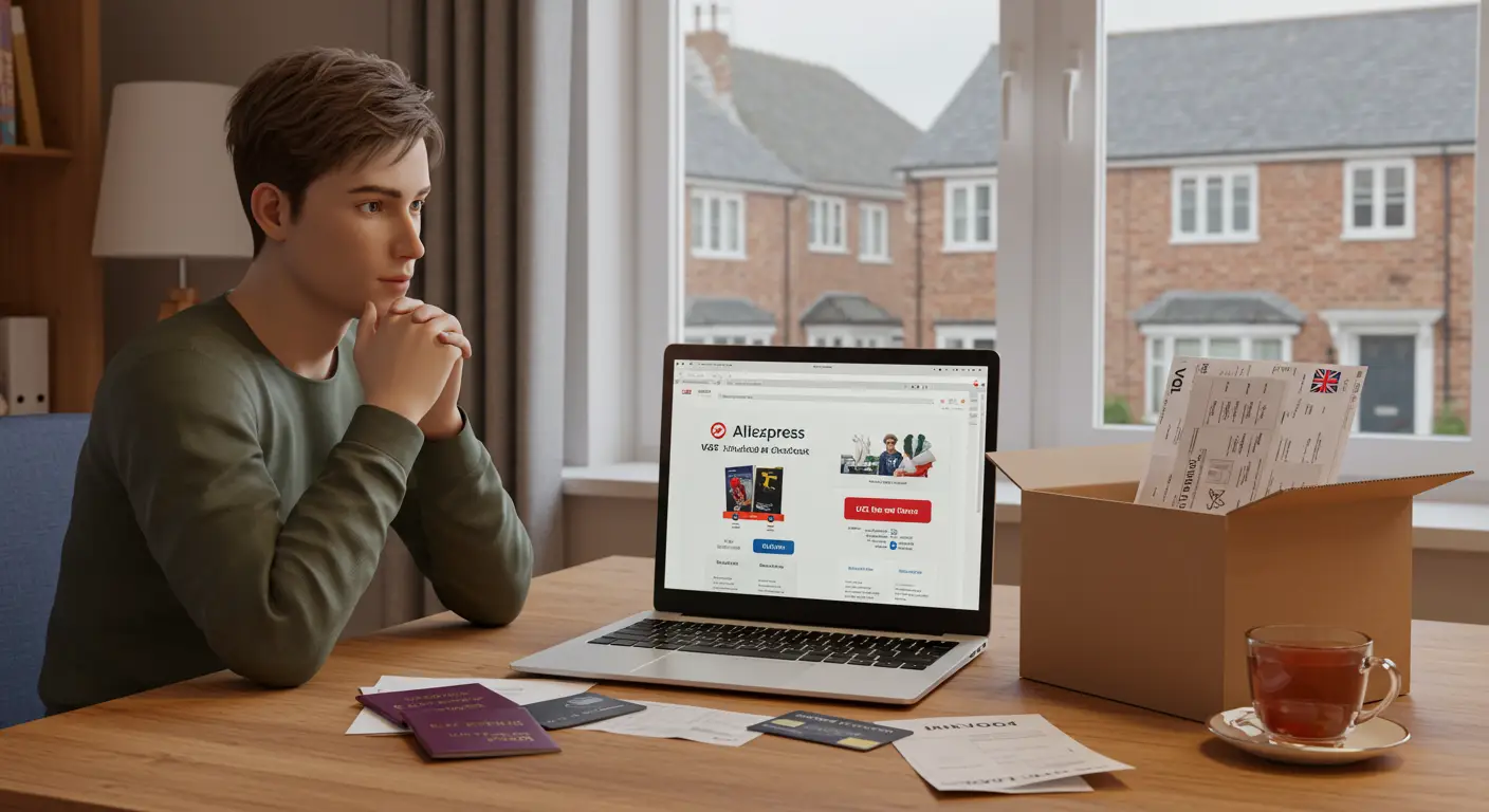 A smartphone displaying the AliExpress app is held above a laptop keyboard, with a shopping cart icon visible on the screen, representing the online shopping experience for UK buyers.