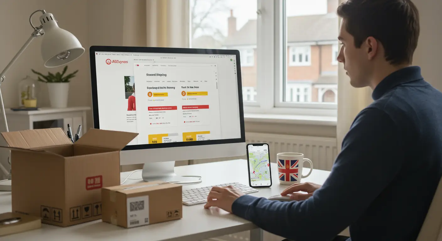 A smartphone displaying the AliExpress app sits next to a parcel wrapped in brown paper and a miniature British flag, highlighting the concept of AliExpress Standard Shipping to the UK.
