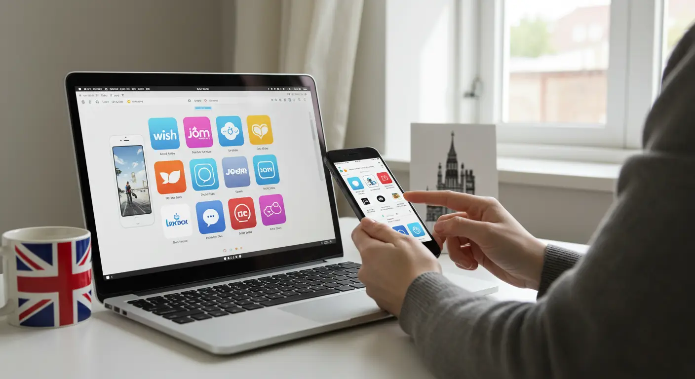 A smartphone displaying various shopping app icons on its screen, with a shopping cart and small parcels beside it, representing convenient online shopping alternatives to AliExpress.