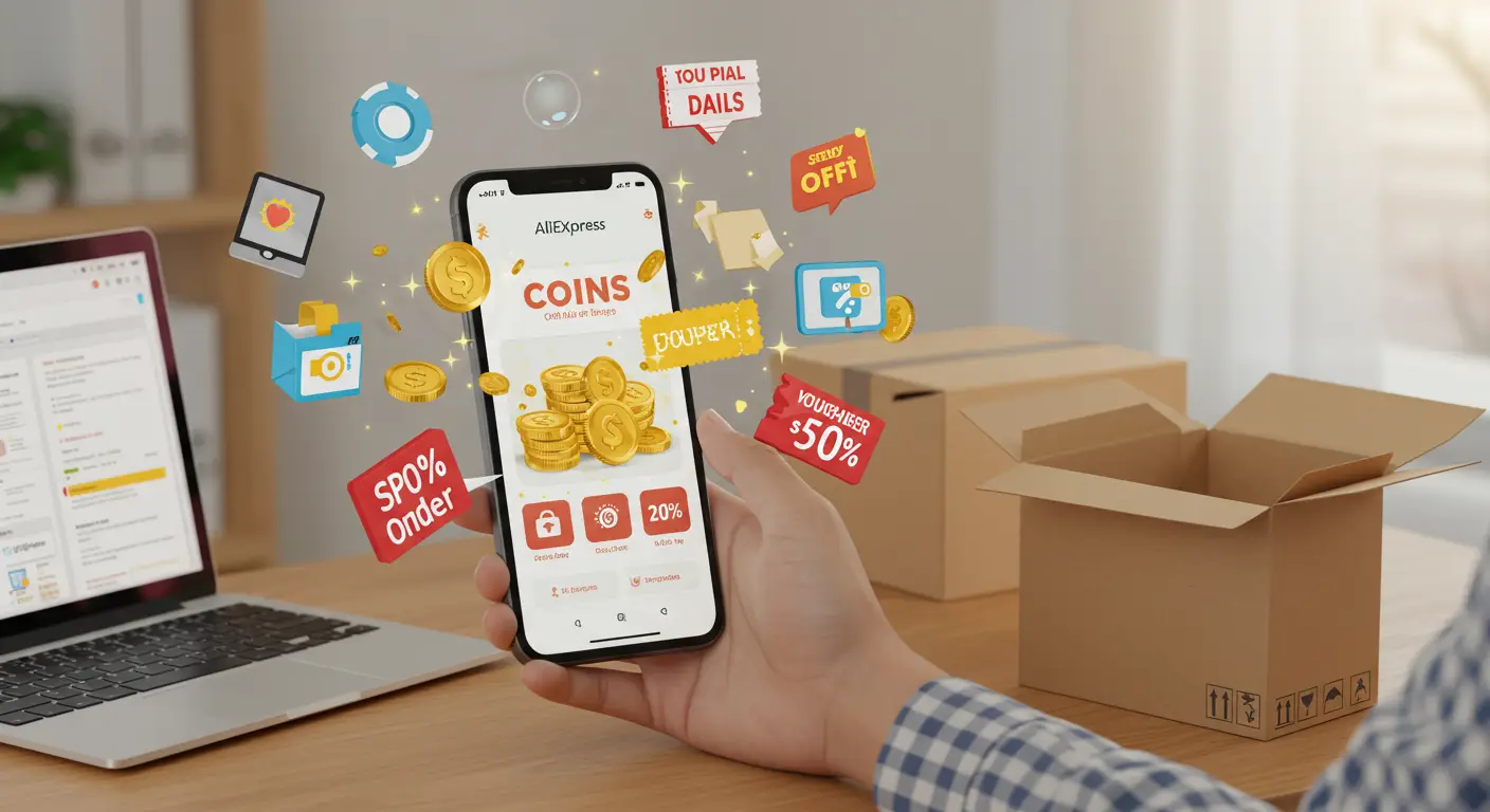 A smartphone screen displaying the AliExpress app, with highlighted sections for coins and vouchers to illustrate saving options for online shopping.
