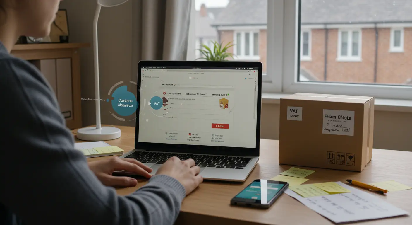 A smartphone screen displays a tracking page for an AliExpress order, highlighting the customs clearance status for a delivery to the UK.