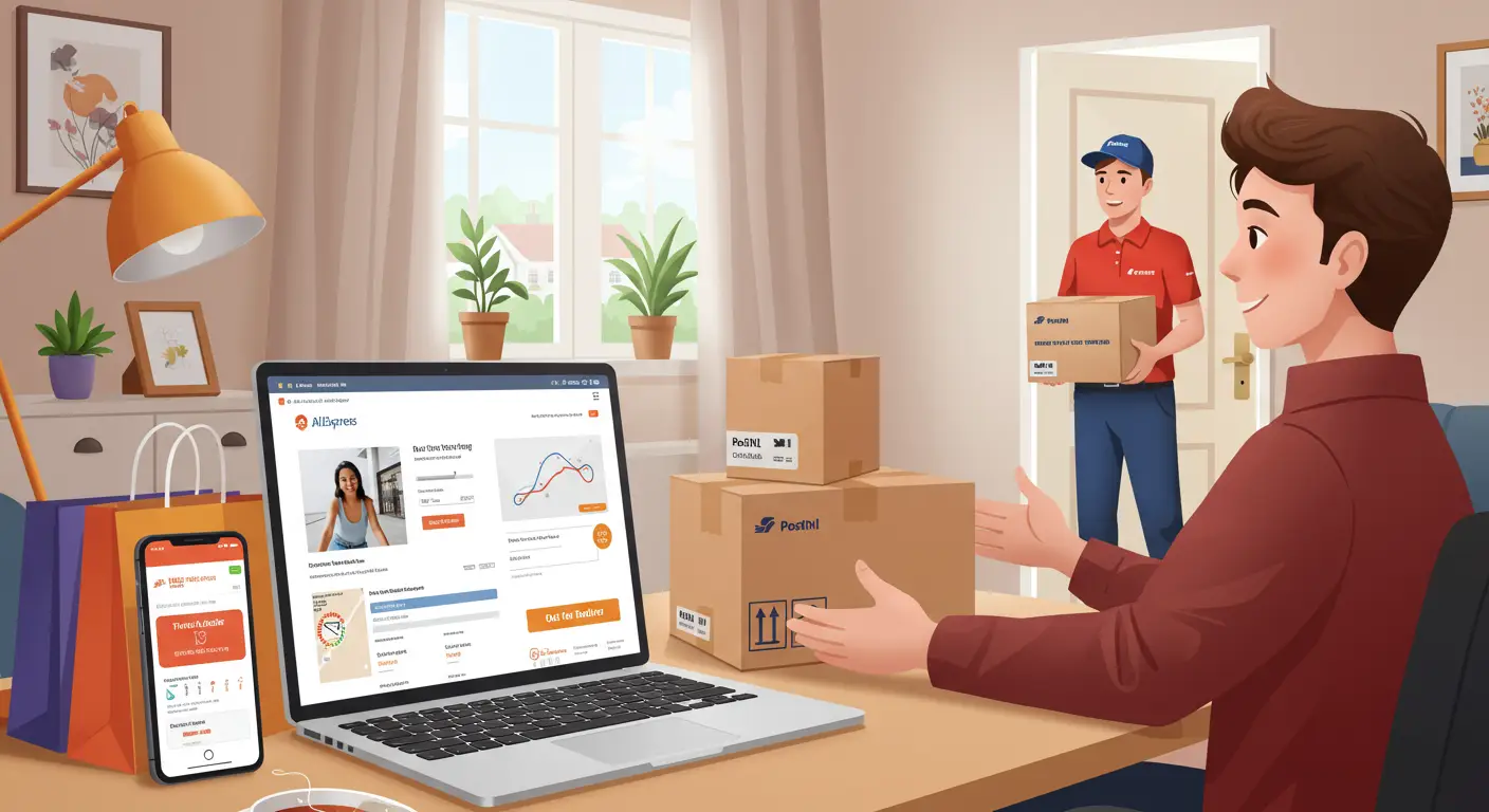 A smartphone screen displays an AliExpress order tracking page, with PostNL and Cainiao shipping options highlighted, illustrating the delivery process for online purchases.