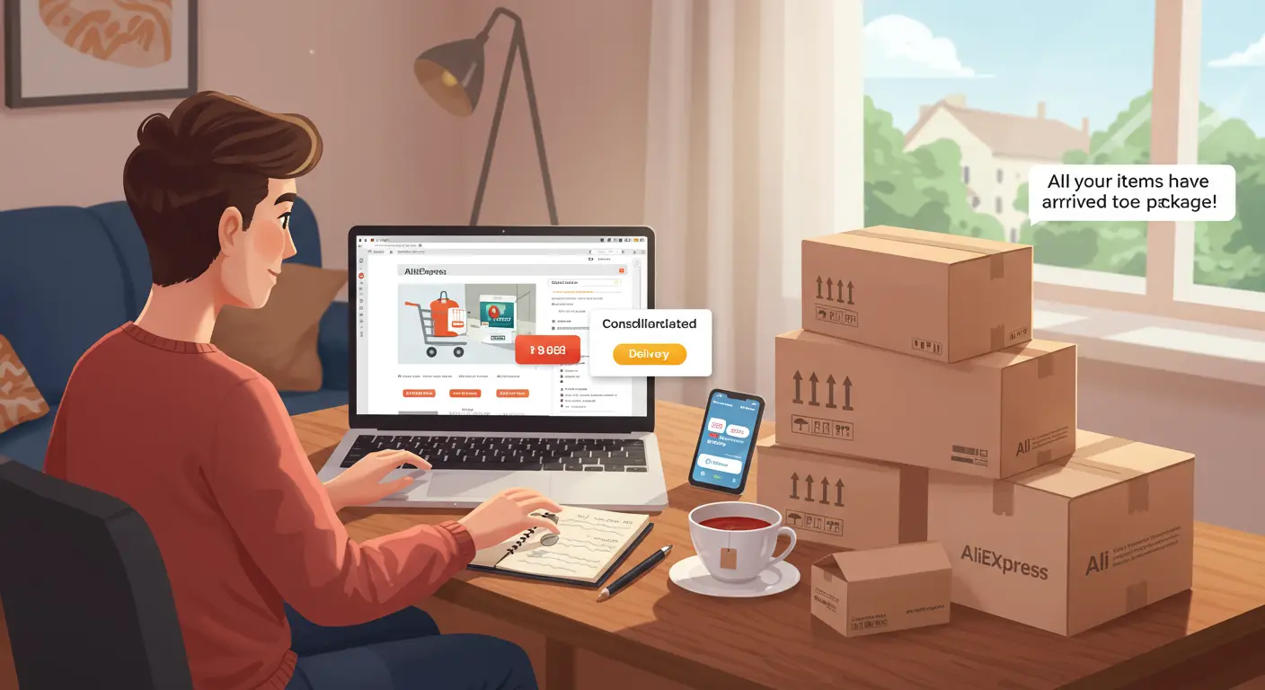A smartphone screen displays the AliExpress app open to the shopping cart, with the words “Consolidated Delivery” highlighted above a list of multiple items from different sellers.