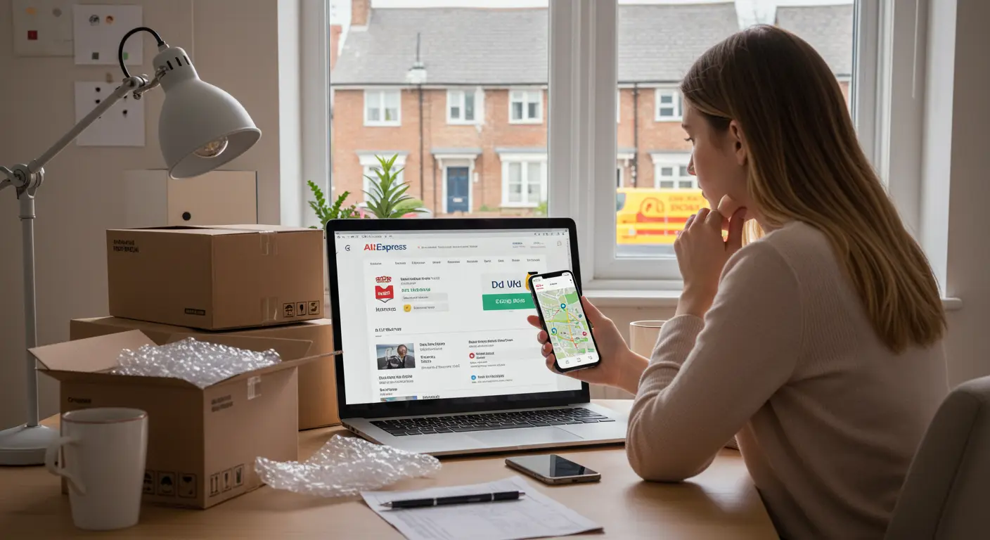 A smartphone screen displays the AliExpress app with a shopping cart icon, while a delivery van marked with a UK flag is shown in the background, illustrating the process of online order delivery in the UK.