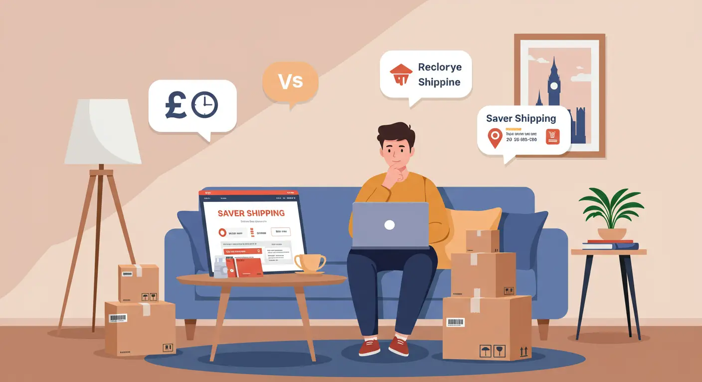 A smartphone screen displays the AliExpress app with various product listings, while a small parcel labelled 'Saver Shipping' sits beside it on a table, highlighting budget-friendly delivery options to the UK.