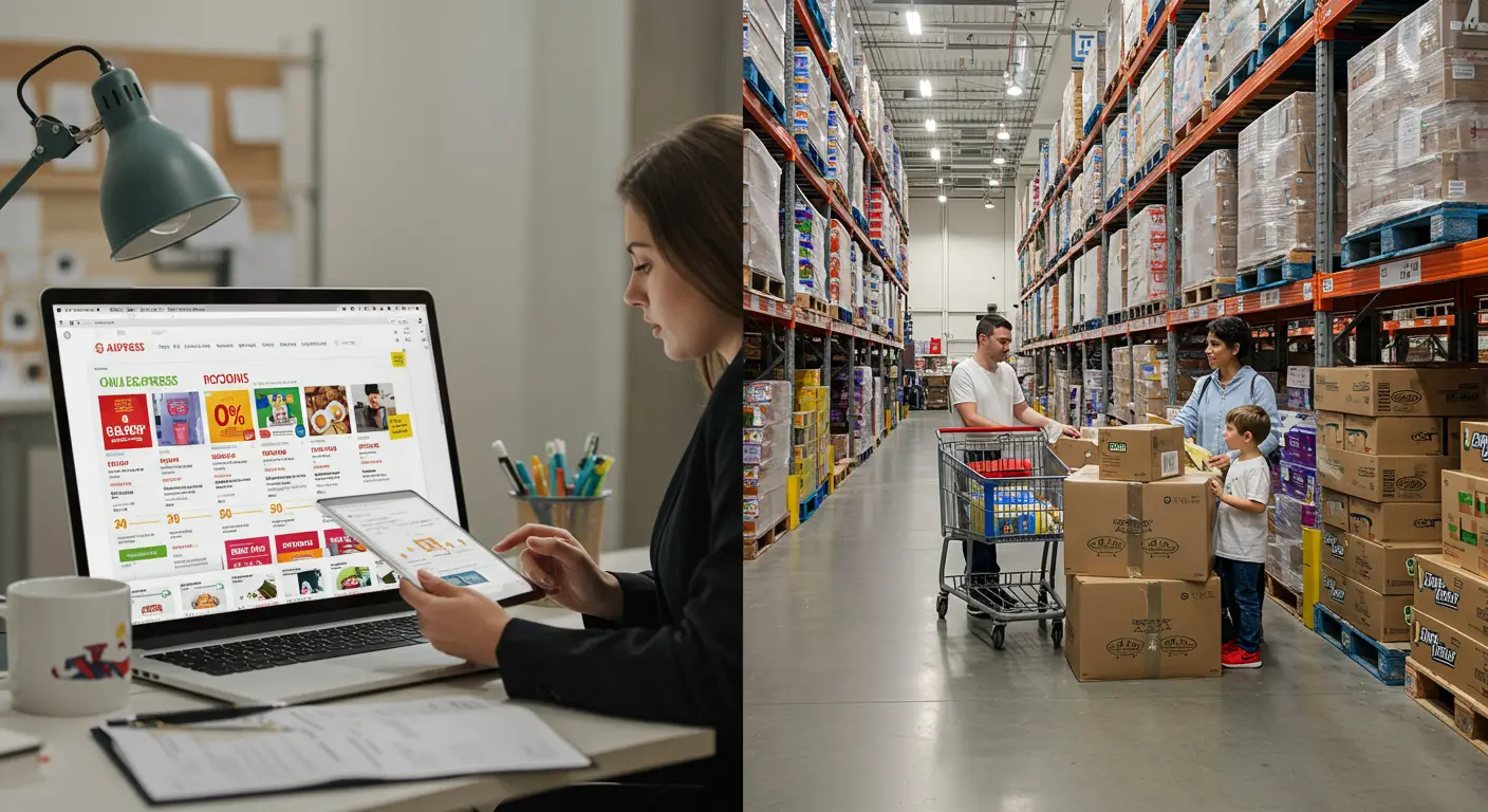 A split image showing the AliExpress website on a laptop next to a shopping trolley filled with bulk items in a Costco warehouse.