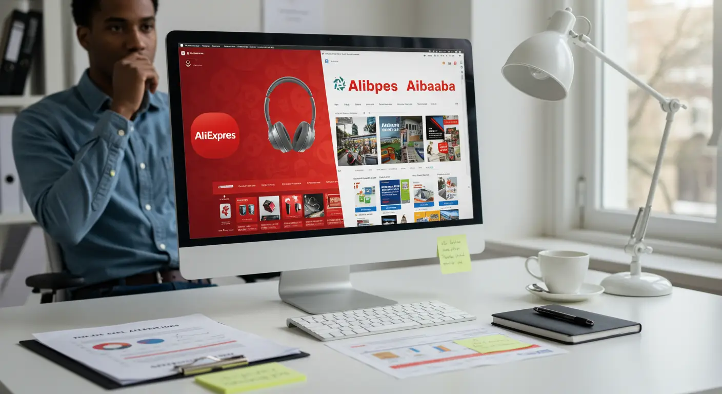 A split-screen image showing the AliExpress and Alibaba logos, with a laptop displaying the AliExpress website on one side and a desktop computer showing the Alibaba homepage on the other, highlighting the comparison between the two online shopping platforms.