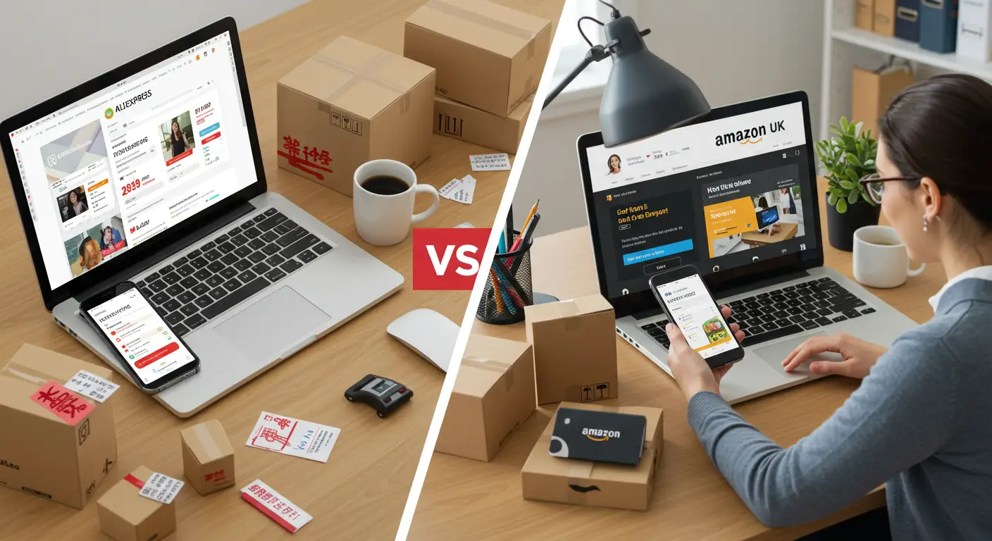 A split-screen image showing the Aliexpress and Amazon logos on laptop screens, with a UK flag in the background, highlighting a comparison of online shopping experiences for UK users.