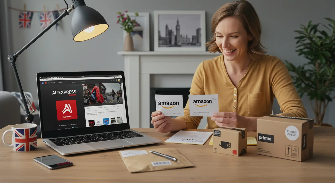 A split-screen image showing the Aliexpress and Amazon UK websites on a laptop, highlighting differences in product listings and prices for online shoppers.
