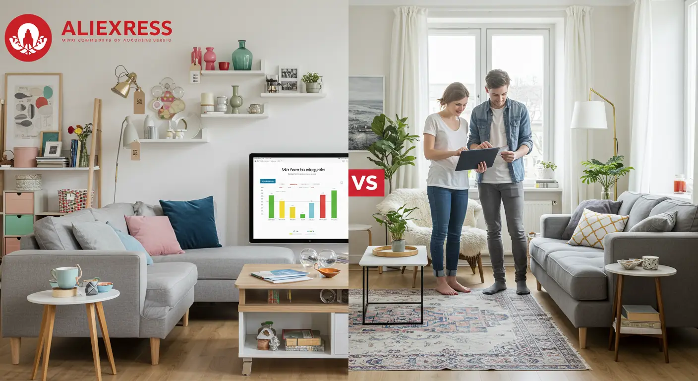 A split-screen image showing the AliExpress and Wayfair logos above different styles of furniture and home decor items, highlighting a comparison between the two online shopping platforms.