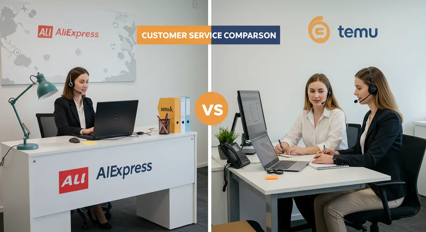 A split-screen image showing the AliExpress logo on one side and the Temu logo on the other, with customer service icons such as a headset and chat bubbles between them.