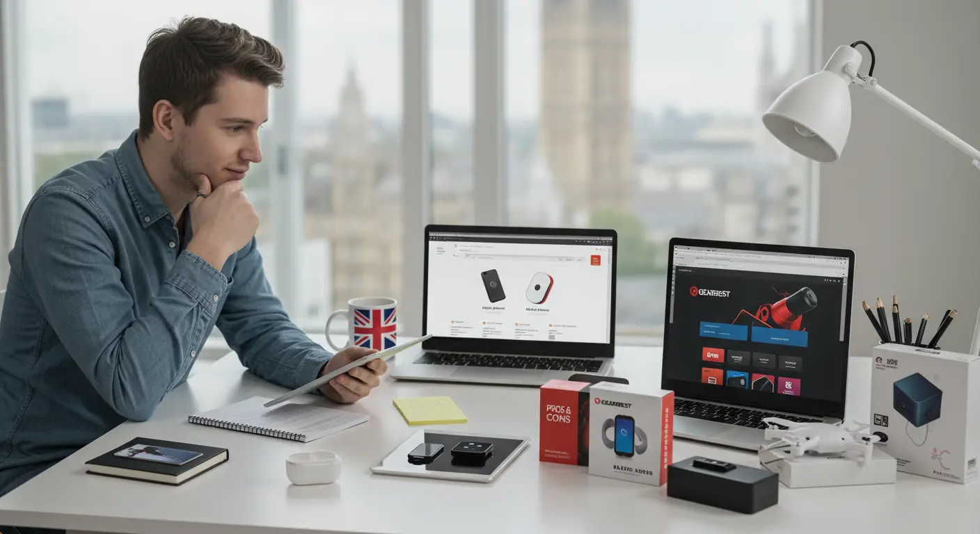 A split-screen image showing the Gearbest and AliExpress logos on laptops, with shopping carts and tech gadgets like smartphones and headphones in the foreground.