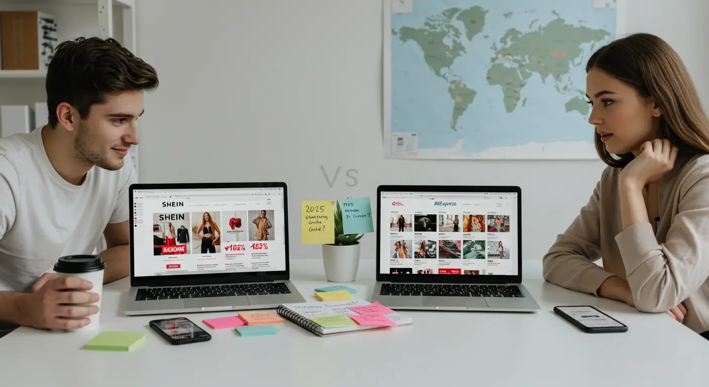 A split-screen image showing the Shein and AliExpress logos above fashionable clothing items, with a smartphone displaying shopping apps in the centre, representing the comparison of affordable online fashion in 2025.