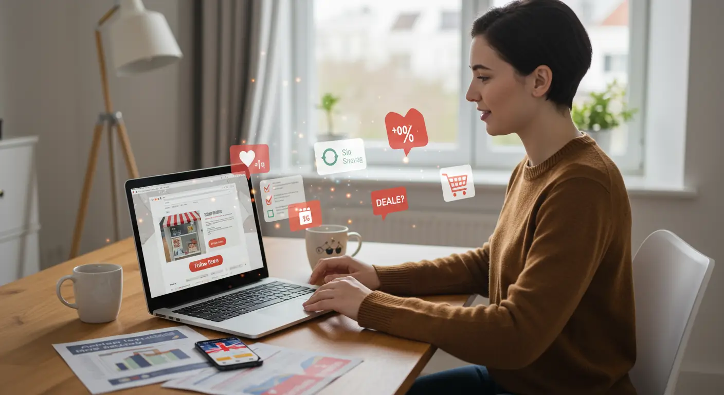 A woman is using her laptop to browse an online shopping website, with a notification showing she has started following a store.