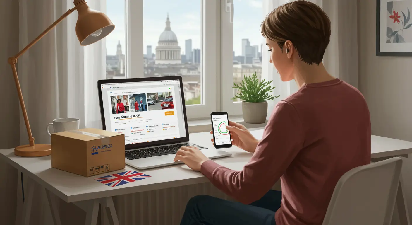 A woman sits at a desk browsing the AliExpress website on her laptop, with a small shopping cart and a parcel box beside her, highlighting the concept of online shopping and shipping to the UK.