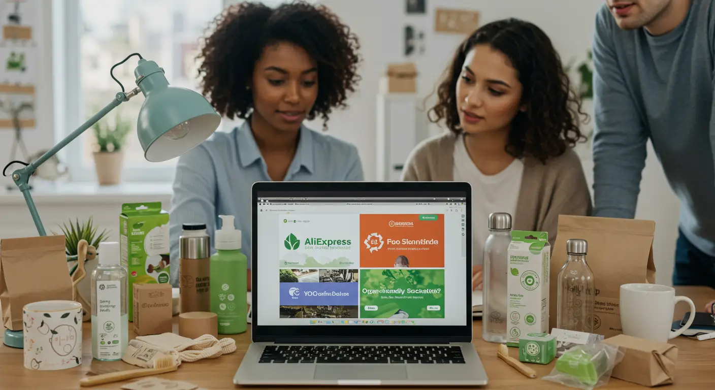 A woman sits at a desk shopping online for eco-friendly products, surrounded by reusable items and green plants, with a laptop displaying various sustainable product options.