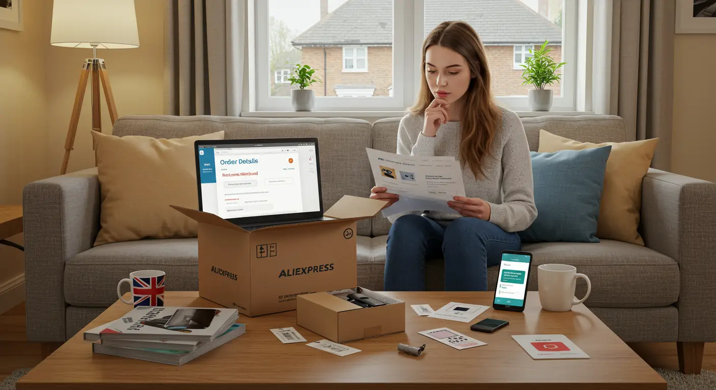 A woman sits at a desk with a laptop displaying the AliExpress website, holding a parcel and reading a document; a return label and packing materials are visible, illustrating the AliExpress return process for UK buyers.